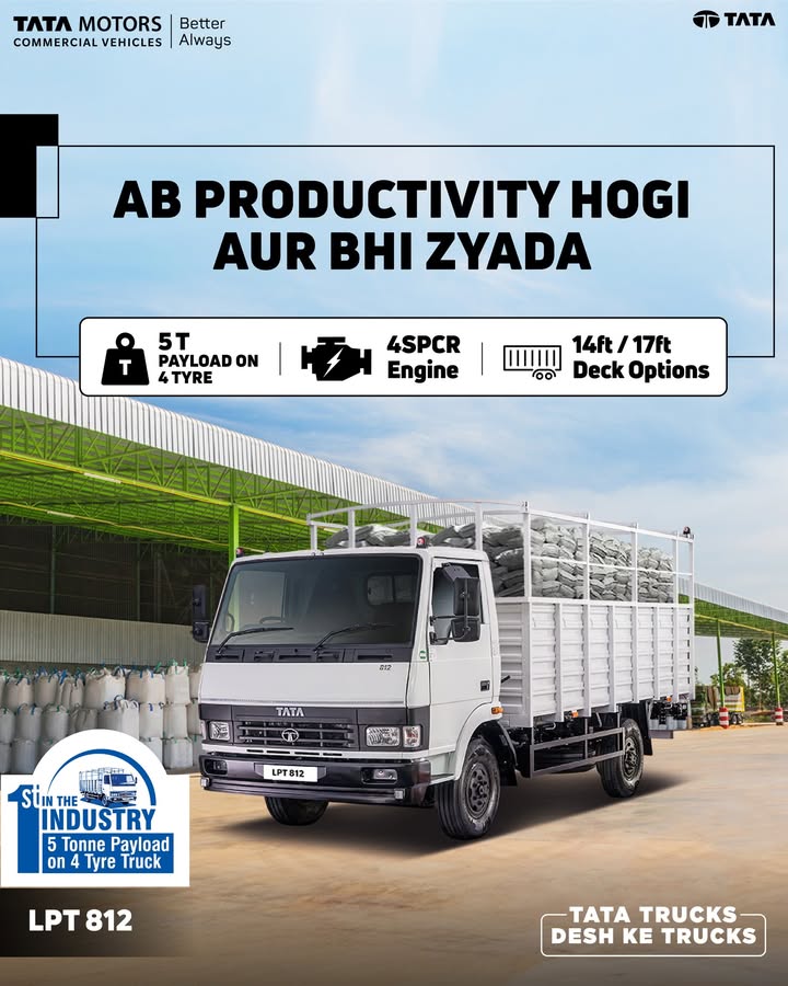 Take your business efficiency to new heights with the Tata LPT 812, Indias first 5 T payload truck. Powered by a reliable 4SPCR engine, it offers stronger performance and superior mileage Take your business efficiency to new heights with the Tata LPT 812, Indias first 5 T payload truck