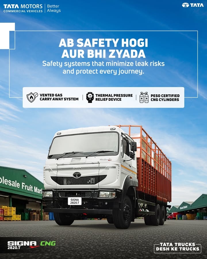 The Tata Signa 2820.T CNG is equipped with advanced safety systems that minimize leak risks and ensure secure, reliable trips The Tata Signa 2820