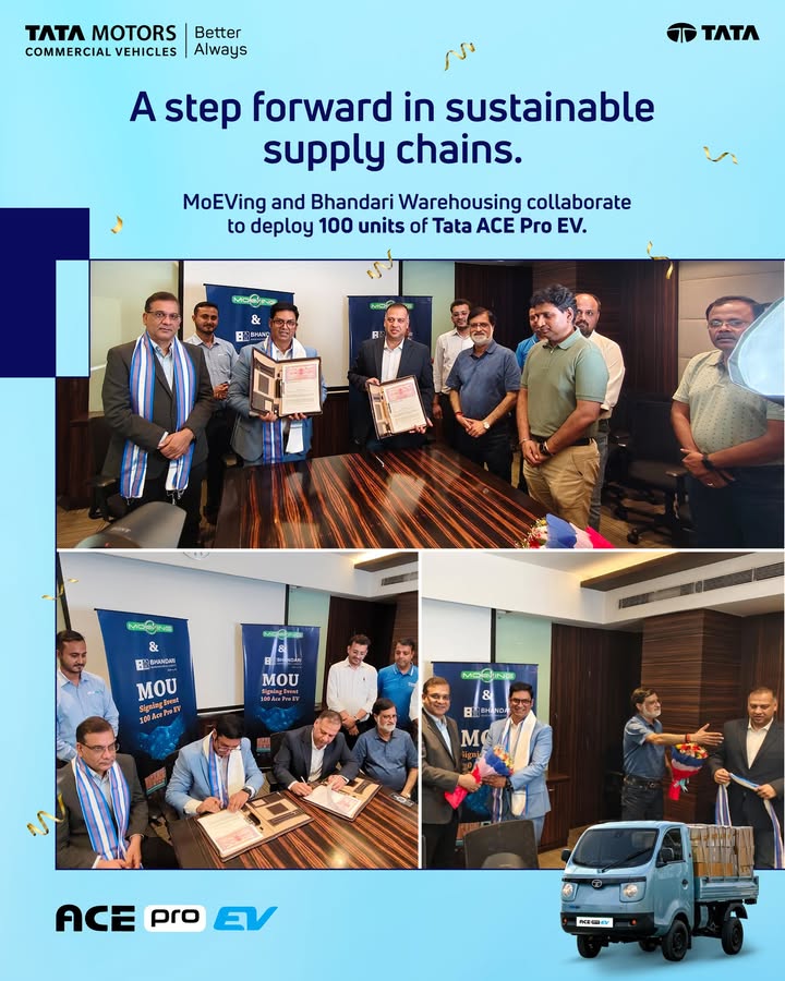 We are delighted to announce the signing of an MoU between MoEVing and Bhandari Warehousing, Kolkata, for the deployment of 100 Tata Ace Pro EVs a significant step toward sustainable logistics and electric mobility in India. In the presence of Mr We are delighted to announce the signing of an MoU between MoEVing and Bhandari Warehousing, Kolkata, for the deployment of ...
