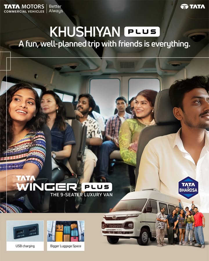 Good times are better when they re shared. With the Tata Winger Plus, every trip is an adventure waiting to happen. It offers plenty of room for all your luggage and individual USB ports, so the journey is just as easy and fun as the destination Good times are better when they re shared. With the Tata Winger Plus, every trip is an adventure waiting to happen