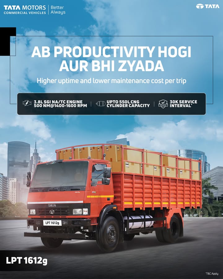 Experience superior uptime and lower operating costs with the Tata LPT 1612g ILMCV built to deliver more productivity with every run. Its 3.8L SGI NA TC engine produces 500 Nm torque at 1400 1600 RPM for strong, efficient performance Experience superior uptime and lower operating costs with the Tata LPT 1612g ILMCV built to deliver more productivity wit...