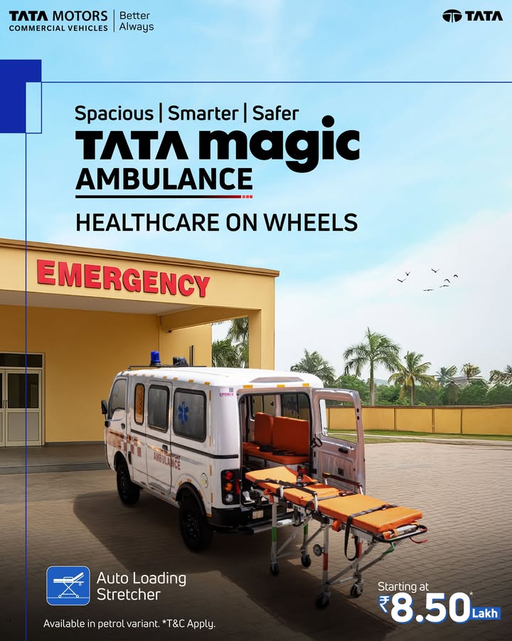 Starting at Rs. 8.50 Lakhs, the Tata Magic Ambulance comes with an auto loading stretcher for faster, safer patient handling. Its compact, city friendly design ensures you reach emergencies even in narrow lanes without hassle Starting at Rs. 8