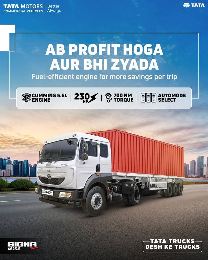 Boost your earnings with the Tata Signa 4623.S, built for fuel efficiency and higher profitability per trip. Powered by a Cummins 5 Boost your earnings with the Tata Signa 4623.S, built for fuel efficiency and higher profitability per trip