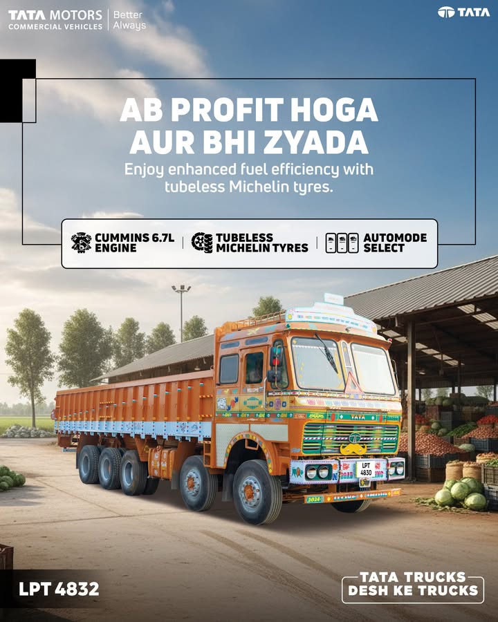 The Tata LPT 4832 combines a powerful 6.7 L Cummins engine with tubeless Michelin tyres and Automode Select to deliver smoother, more efficient trips The Tata LPT 4832 combines a powerful 6