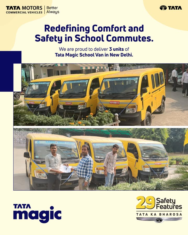 We have successfully delivered 3 units of Tata Magic School Vans in New Delhi. Built with advanced safety features, the Tata Magic School Van ensures every students journey to school is secure, comfortable, and worry free for both parents and schools We have successfully delivered 3 units of Tata Magic School Vans in New Delhi
