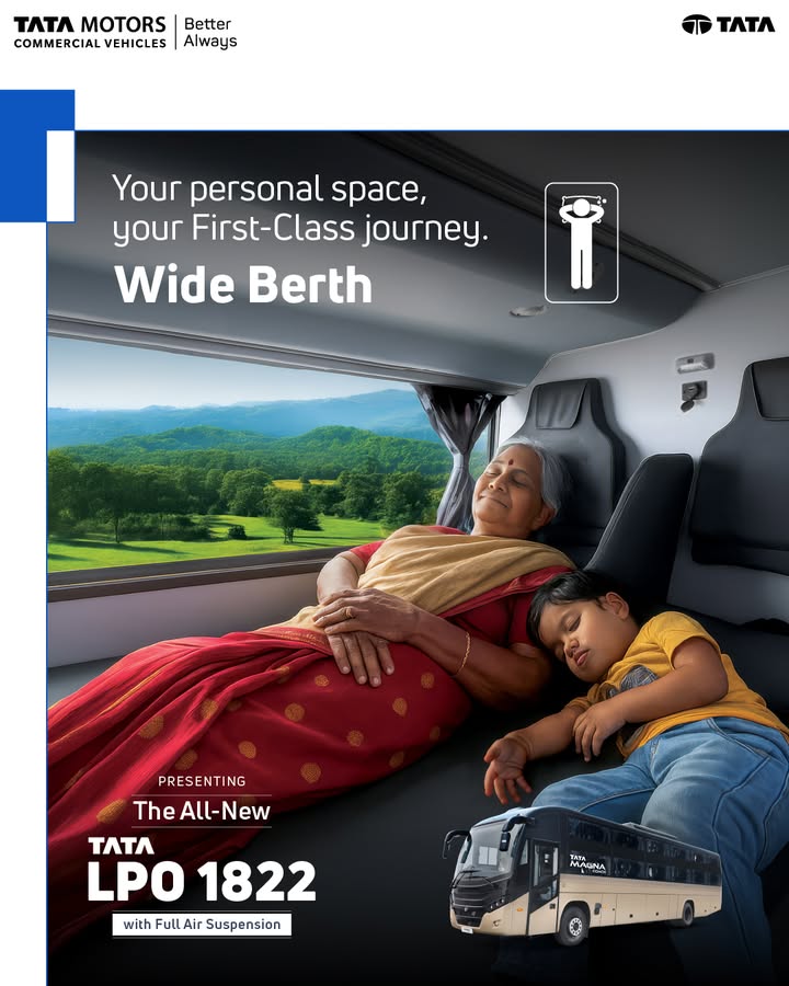 Spacious by design and steady in motion, the Tata LPO 1822 redefines intercity comfort. With ample room and full air suspension, even long journeys feel restful, just right for a peaceful nap on the move, just right for a first class experience Spacious by design and steady in motion, the Tata LPO 1822 redefines intercity comfort