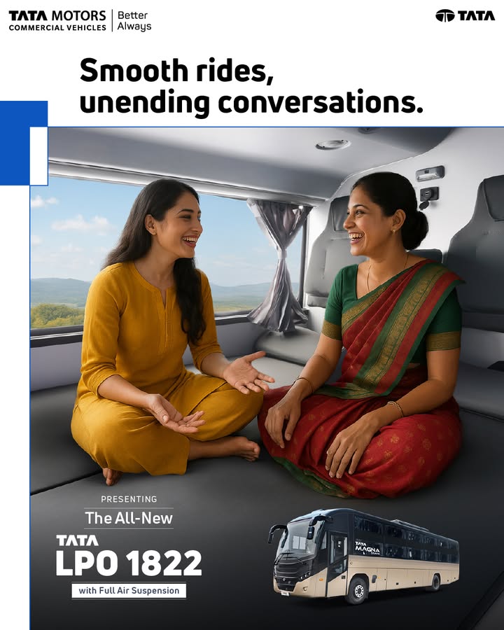 Long distance travel in absolute comfort with Tata LPO 1822 Full Air Suspension. A bump free ride, just the perfect setting to sit back, chat, laugh and connect. Because great conversations deserve great rides Long distance travel in absolute comfort with Tata LPO 1822 Full Air Suspension