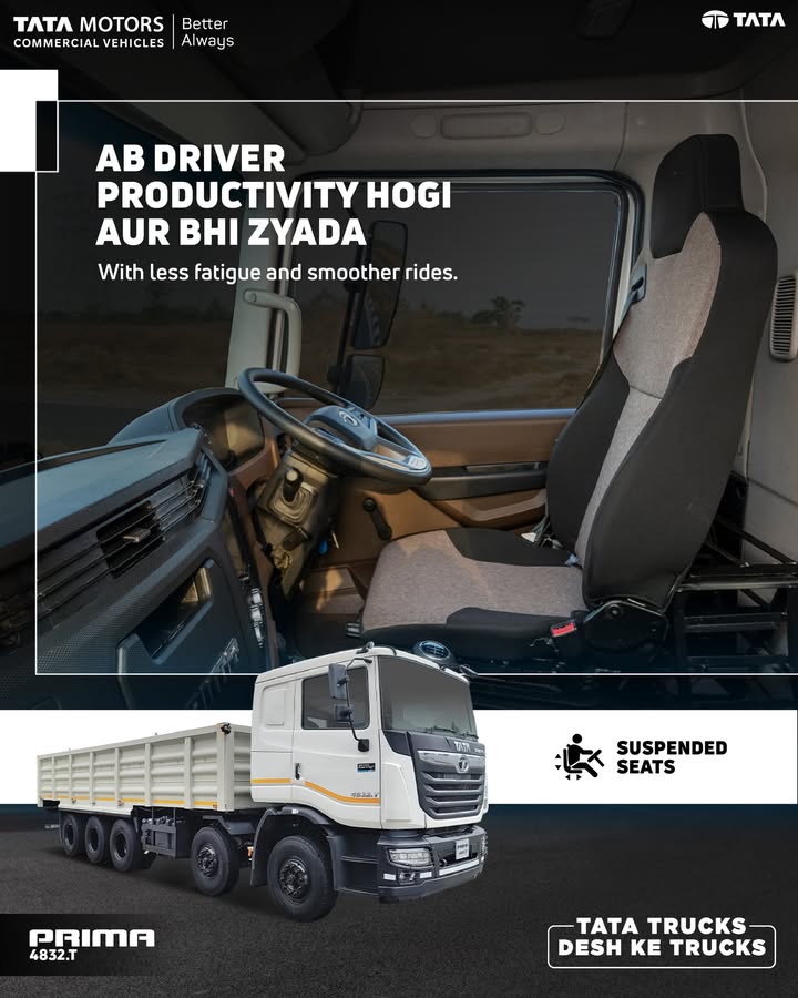 Designed to deliver comfort through every mile, Tata Prima ensures less fatigue and smoother rides, even on the toughest routes. Its suspended seats absorb shocks and vibrations, offering superior ride comfort and posture support throughout long hauls Designed to deliver comfort through every mile, Tata Prima ensures less fatigue and smoother rides, even on the toughest r...