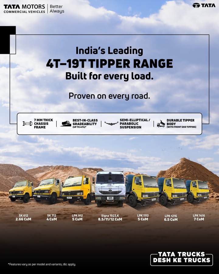 The Tata ILMCV Tipper Range is engineered to deliver unmatched reliability and performance across every terrain. Its 7 mm thick chassis frame ensures superior strength and durability for heavy duty operations The Tata ILMCV Tipper Range is engineered to deliver unmatched reliability and performance across every terrain