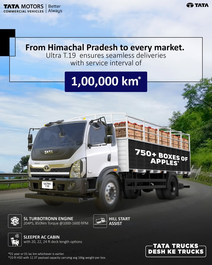 From the orchards of Himachal to markets across India, the Tata Ultra T.19 ensures every load reaches fresh and on time