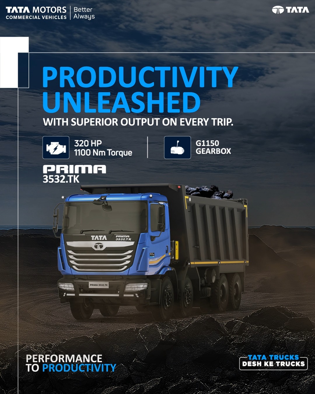 The Tata Prima 3532.TK delivers productivity unleashed with superior output on every trip