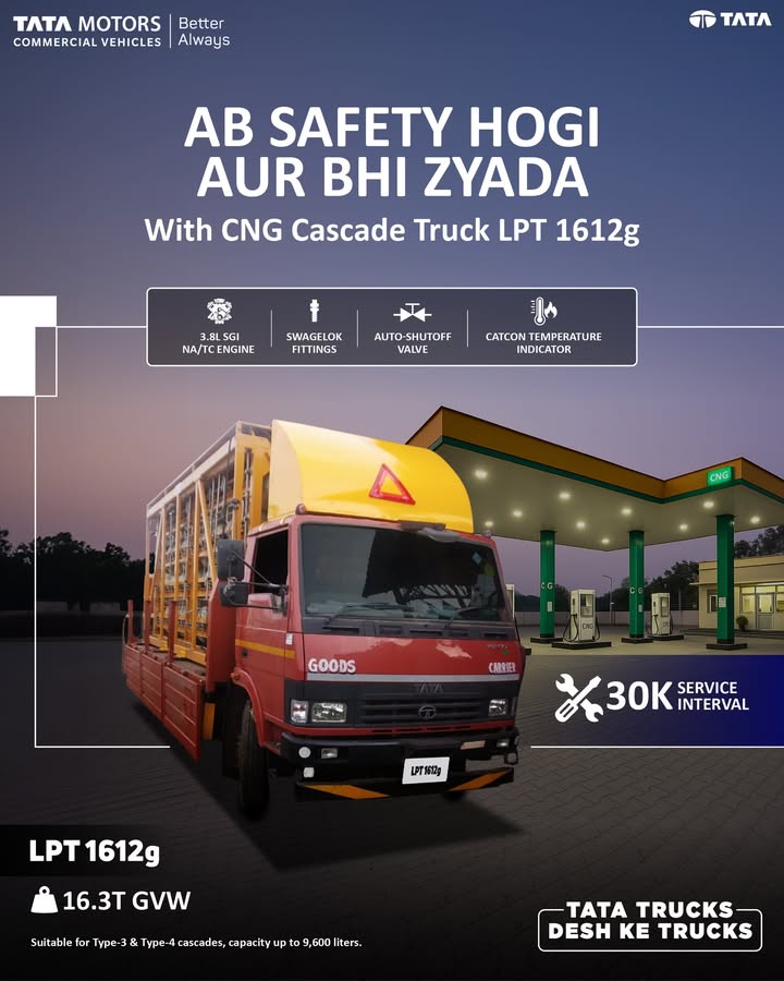 The Tata LPT 1612g is built to maximise profits with superior fuel efficiency, safer gas handling and lower running costs