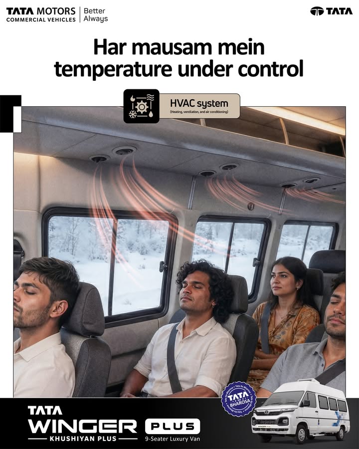 Designed for all weather travel, the 9 seater luxury van Tata Winger Plus features an efficient HVAC system that keeps the c...