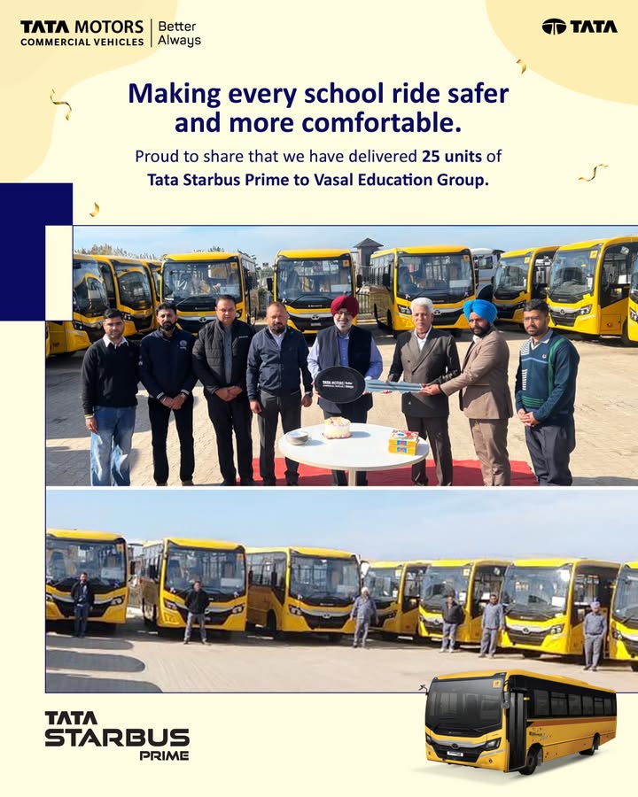 Proud to deliver 25 Tata Starbus Prime units to Vasal Education Group as part of a bulk order of 53 buses, supporting safe, ...