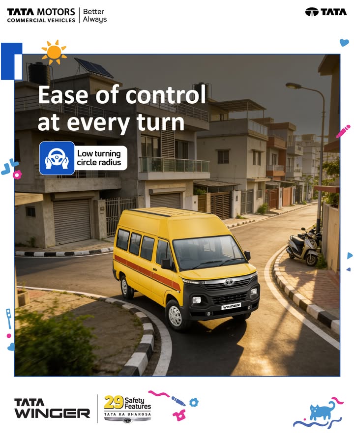 Tata Winger makes city driving easier with a low turning circle radius, helping drivers handle turns on narrow lanes smoothl...
