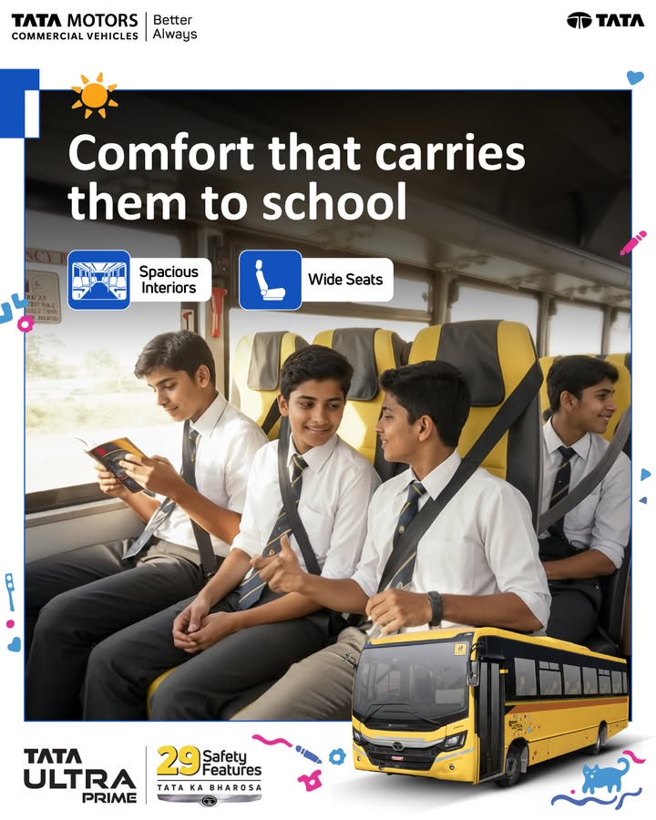 Built for everyday school travel, Tata Ultra Prime offers spacious interiors and wide seats, turning daily commutes into com...