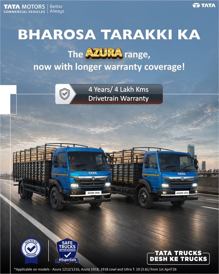 The Tata Azura 1212, 1216 and 1918 now come with an upgraded drivetrain warranty extended from 3 years 3 lakh kms to 4 years...
