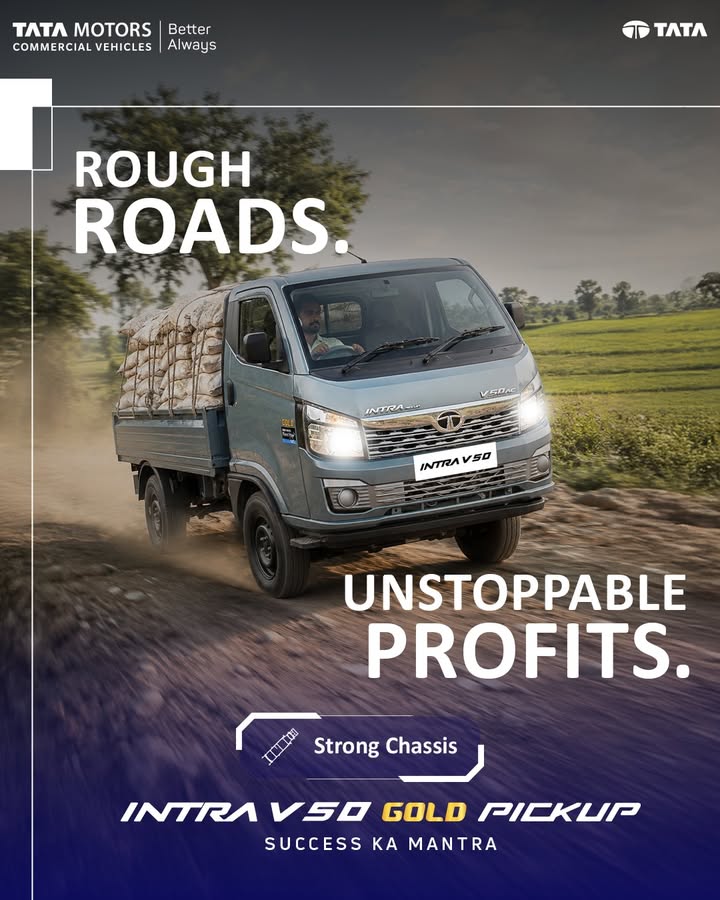 Built with a strong chassis for tough terrains, the Tata Intra V50 Gold Pickup helps keep your deliveries moving and your pr...