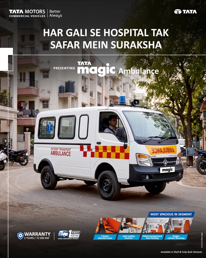 Built to reach narrow lanes and crowded streets, the Tata Magic Ambulance comes with an auto loading stretcher, patient comp...