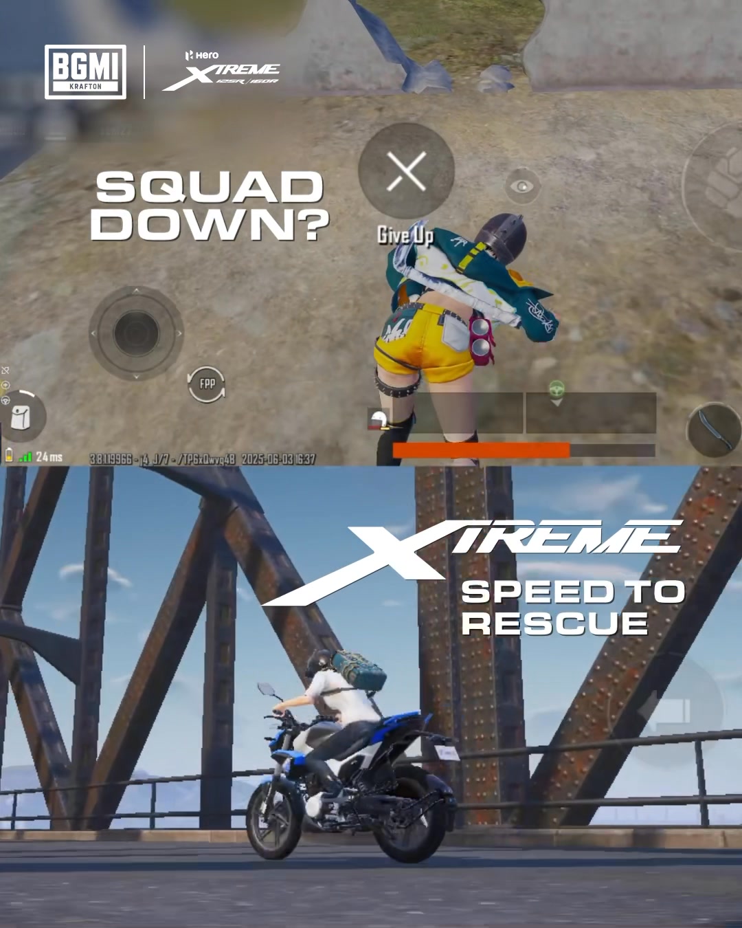 Knocked teammate Revive them in a flash on the Hero Xtreme Xtreme160R4V Xtreme125R BGMI BGMIxHero ChallengeTheExtrem...