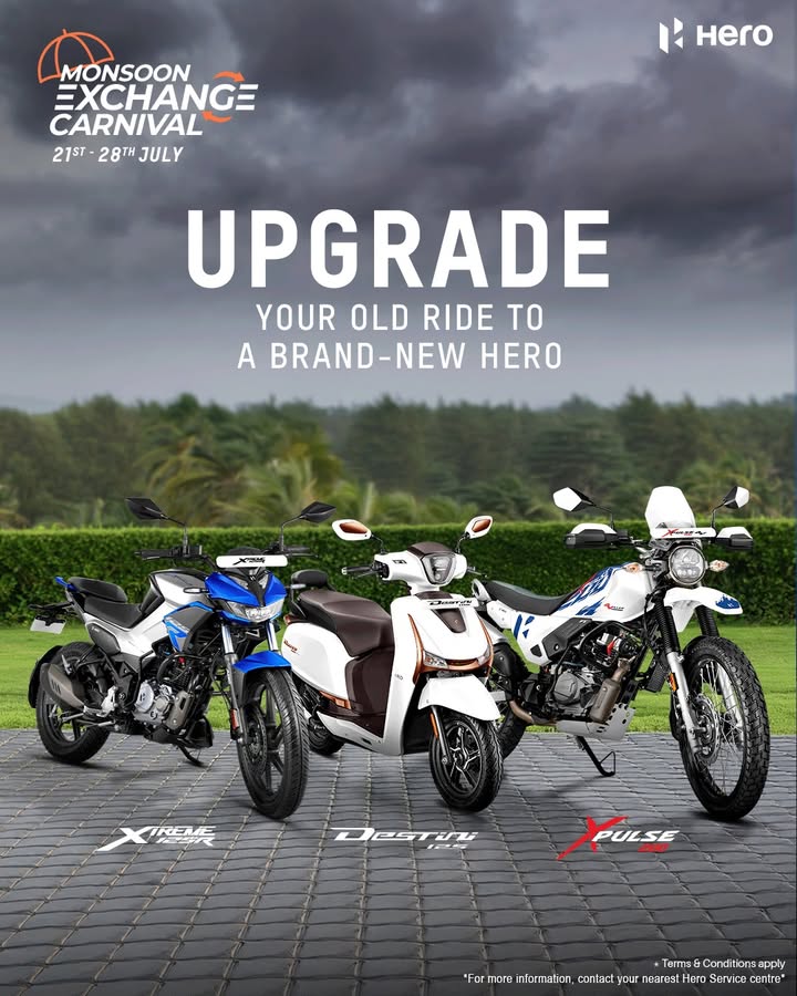 Out with the old, in with the new Hero. Exchange your old ride and get up to 5,000 off on a brand new Hero