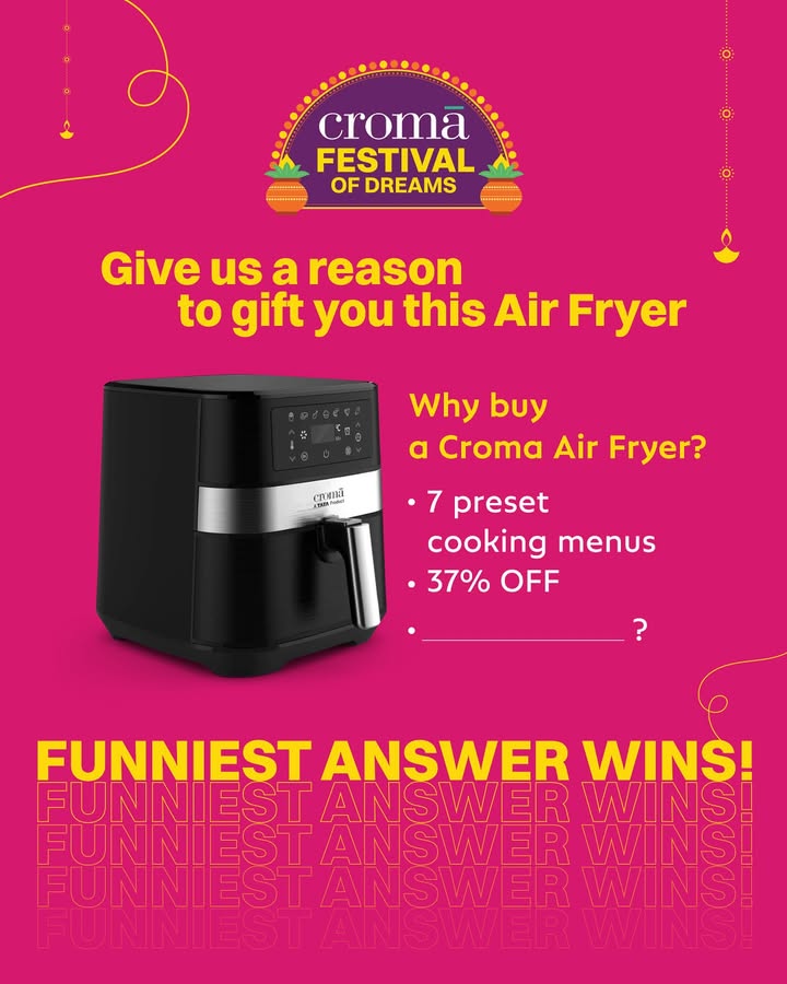 You could be making all your healthy and tasty snacks in this new Air Fryer Tell us the funniest reason we should gift it to you To win, simply Tell us your funniest answers in the comments Tag 3 of your friends Follow croma You could be making all your healthy and tasty snacks in this new Air Fryer Tell us the funniest reason we should gift it ...