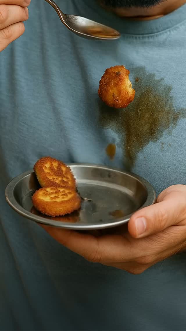 Oily pakoras, oily stains right on the t shirt No stress