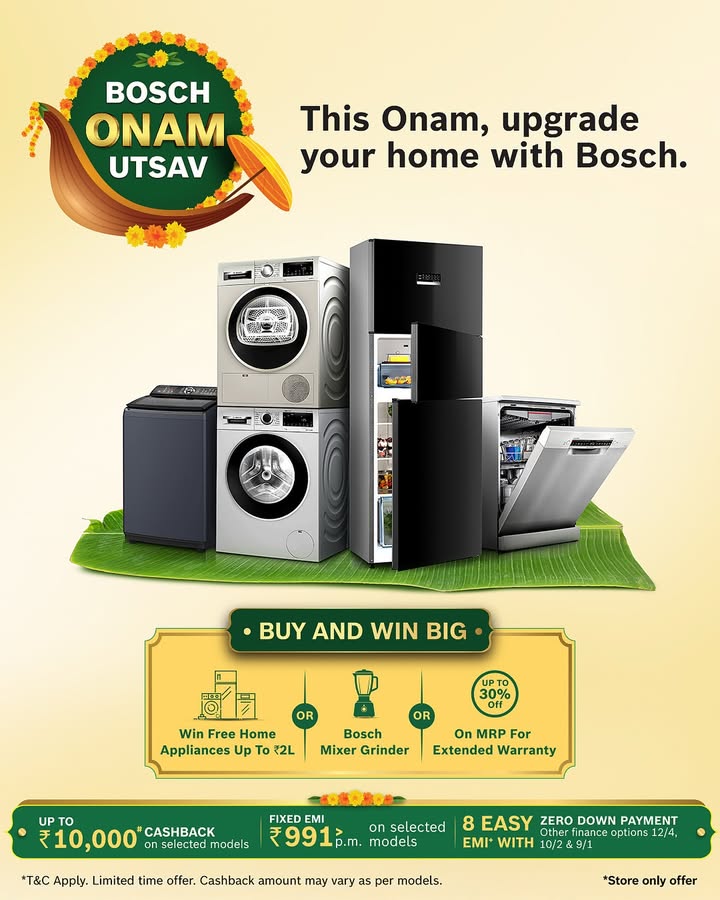 This Onam, bring home joy, convenience, and exciting rewards with Bosch Onam Utsav Buy any Bosch appliance and stand a ch...