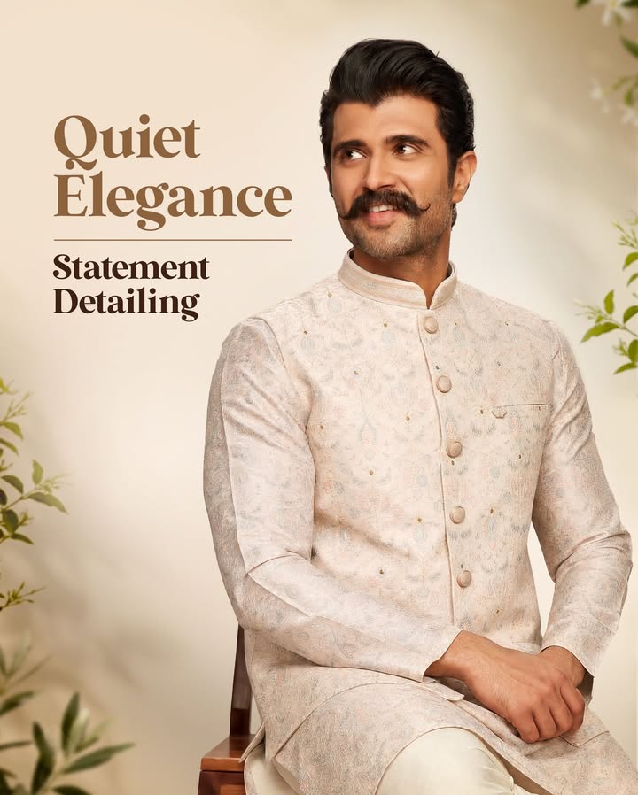 Vijay Deverakonda makes a case for understated celebration in this elegant cream ensemble