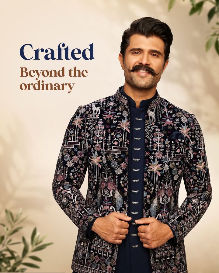 A deep blue hue meets intricate tonal embroidery in a silhouette that s effortlessly refined