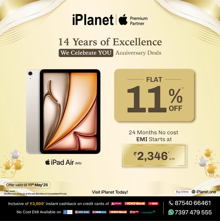 14 Years of Excellence iPlanet s Anniversary Sale is Live Now Buy New Apple Watch S10 with Flat 8 Off Buy iPad Air M3 with Flat 11 Off Get No Cost EMI Upto 24 Months Get Upto 3,000 Instant Cashback on Credit Cards ... 14 Years of Excellence iPlanet s Anniversary Sale is Live Now Buy New Apple Watch S10 with Flat 8 Off ...