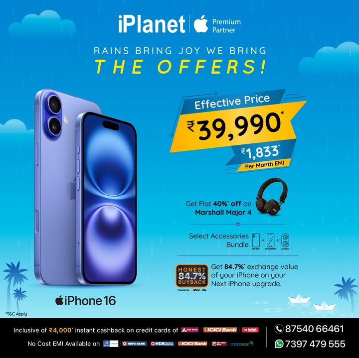 Rains Bring Joy, We Bring The Offers Make this monsoon unforgettable with iPlanet your Apple Premium Partner Buy iPhone 16 at Just 39,990 with Exchange Buy iPhone 16e at Just 26,990 with Exchange Get No Cost EMI at 1,292 ... Rains Bring Joy, We Bring The Offers Make this monsoon unforgettable with iPlanet your Apple Premium Partner ...