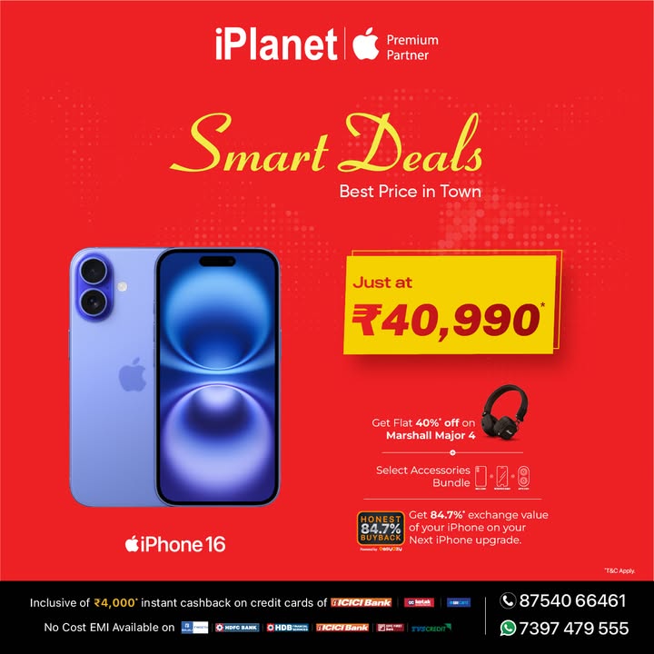 Smart Deal Alert at iPlanet Buy iPhone 16 for just 40,990 Buy iPhone 16 Plus for just 46,990 Buy iPhone 16 Pro for just 64,790 Buy iPhone 16 Pro Max for just 79,790 Buy iPhone 16e for just 28,990 Up to 4,000 cash back ... Smart Deal Alert at iPlanet Buy iPhone 16 for just 40,990 Buy iPhone 16 Plus for just 46,990 Buy iPhone 16 Pro ...