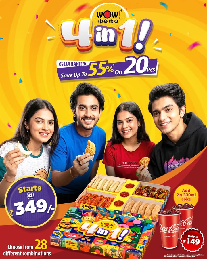 Introducing the all new Wow Momo 4 in 1 Box 4 flavours. 20 pieces. 28 combinations. Up to 55 savings