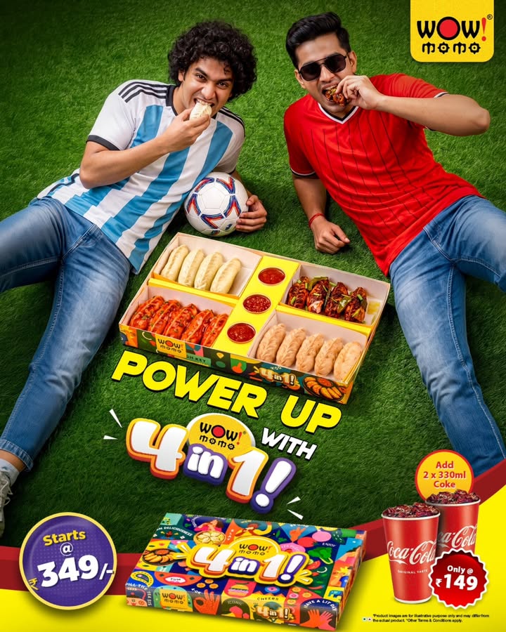 Before you cheer, power up with the WOW Momo 4 in 1 Box. 20 pieces. 4 flavours. Starting at just 349