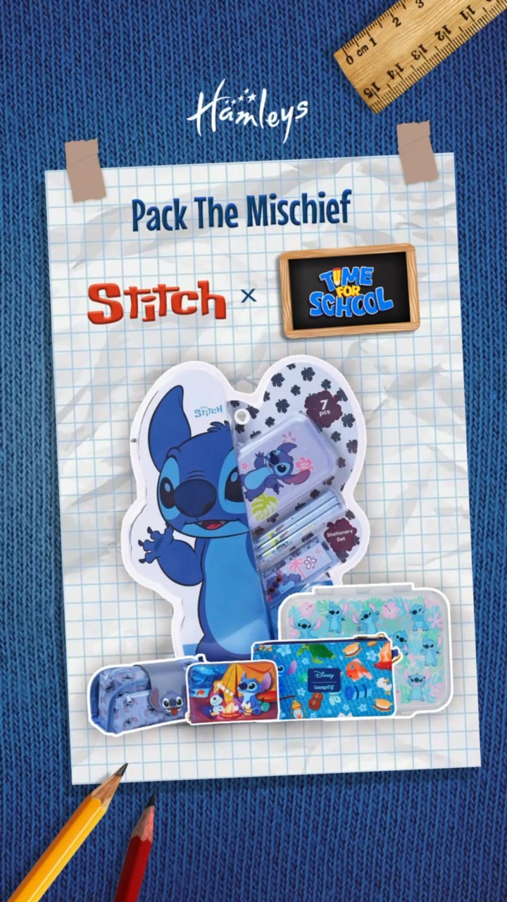 Zip, pack, and power through the day with Hamleys Stitch Time for School essentials