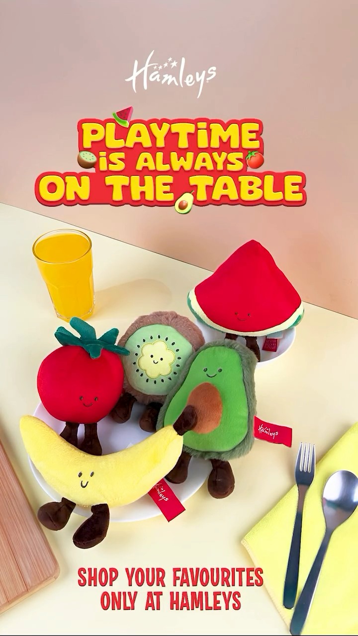 Fresh from the Hamleys marketplace. These fruit and veggie plushies are soft, squishy, and full of fun