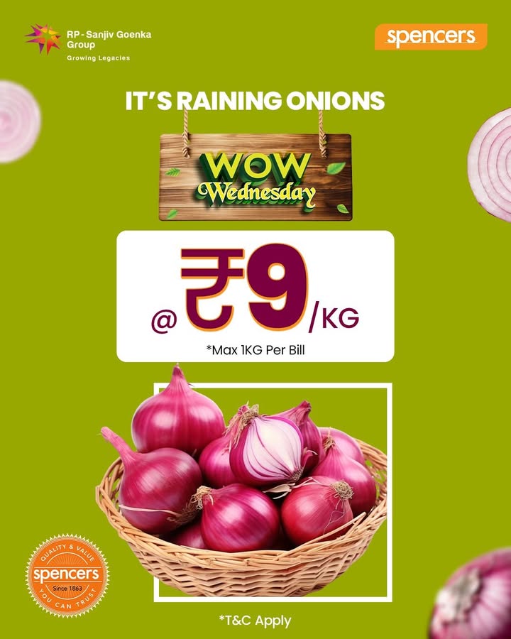 Pyaaz 9 kg Aise deals toh sirf Spencers mein milte hain Midweek blues ho ya kitchen news, ab har cutting mein ho savings ka boost Only on WOW Wednesday, limited quantity, unlimited khushi Onion Price Drop, Budget Grocery, Midweek Offer... Pyaaz 9 kg Aise deals toh sirf Spencers mein milte hain Midweek blues ho ya kitchen news, ab har cutting mein ho ...