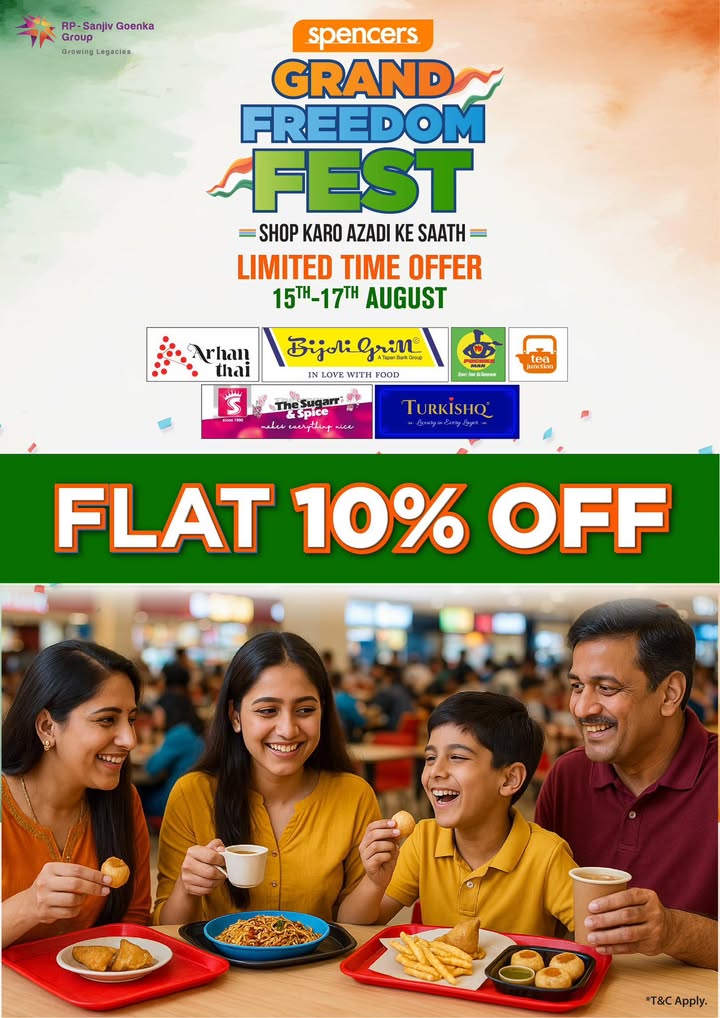 Spencers Grand Freedom Fest is LIVE at South City Food Court From 15th 17th August, enjoy a delicious FLAT 10 OFF at your favourite food outlets Arhan Thai Bijoli Grill Puchka Man The Sugar Spice Turkishq Tea Junction ... Spencers Grand Freedom Fest is LIVE at South City Food Court From 15th 17th August, enjoy a delicious FLAT 10 ...