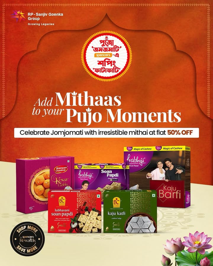 Pujo is incomplete without mithai on the table Stock up your favorites from Spencers enjoy happiness at half the price 50 OFF flat Durga Puja Mithai, Spencers Festive, Sweet Collection, Pujo Offers, Celebration Magic, Mithai Deals, Festive... Pujo is incomplete without mithai on the table Stock up your favorites from Spencers enjoy happiness at half the pric...