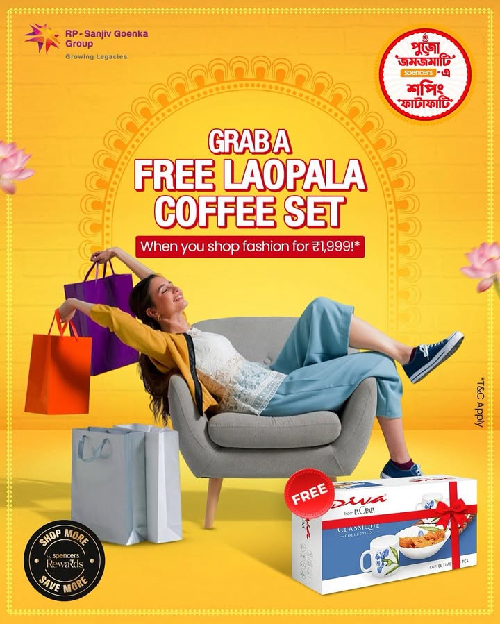 Jomjomati Pujo prep just got more rewarding Celebrate every trend, every style, and every adda moment this Pujo only at Spencers Take home a Laopala 5 Pc Coffee Set worth 495 FREE when you shop for 1999 or more Jomjomati Pujo prep just got more rewarding Celebrate every trend, every style, and every adda moment this Pujo...