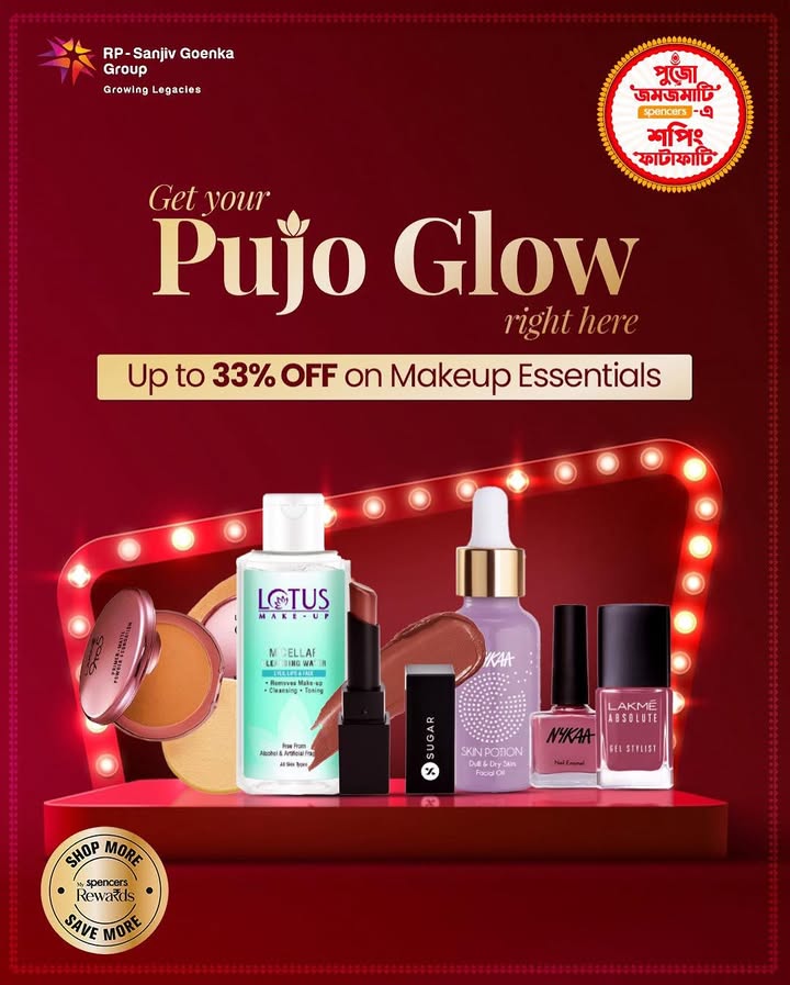 Pujo is here, and so is your glow up Get up to 33 OFF on makeup essentials only at Spencers. Pujo Glow, Makeup Essentials, Festive Beauty, Spencers India, Pujo Shopping SpencersIndia PujoGlow FestiveBeauty MakeupSale PujoReady Pujo is here, and so is your glow up Get up to 33 OFF on makeup essentials only at Spencers