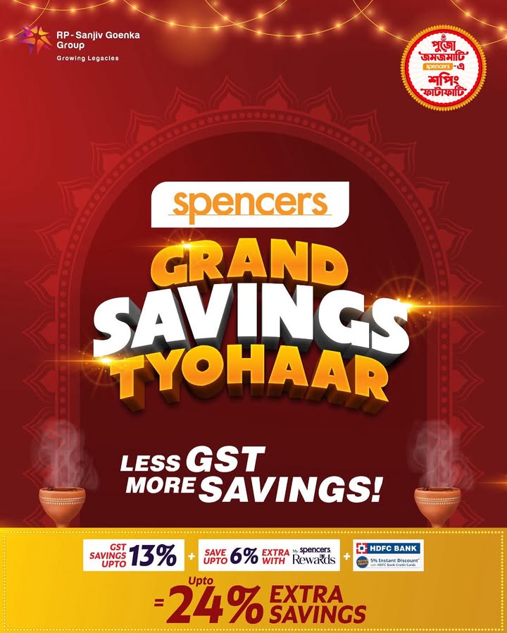 Less GST, More Joy Grab up to 24 EXTRA SAVINGS on all your festive shopping at Spencers. Shop now and make every celebration bigger, brighter lighter on your wallet Less GST, More Joy Grab up to 24 EXTRA SAVINGS on all your festive shopping at Spencers