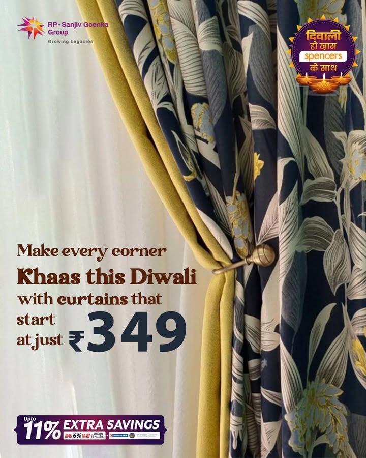 Brighten every corner this Diwali Festive curtains from just 349 add colour, warmth sparkle Shop now DiwaliHoKhaas HomeGlow FestiveCurtains CelebrateInStyle SpencersIndia Diwali d cor, festive curtains, home styling, prem... Brighten every corner this Diwali Festive curtains from just 349 add colour, warmth sparkle Shop now ...
