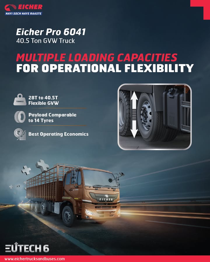 Drive Smarter with the Eicher Pro 6041. Combining flexible loading capacities and top tier operating economics, it ensures a smoother, more profitable logistics experience Know More https shorturl Drive Smarter with the Eicher Pro 6041