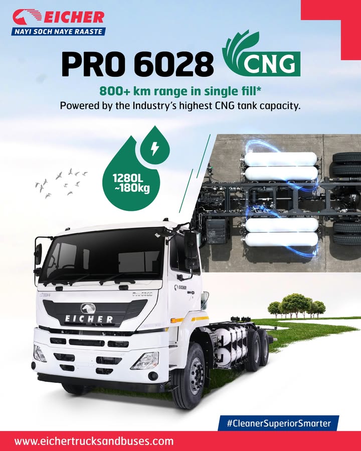 Introducing the Eicher Pro 6028 CNG a game changer in sustainable logistics. This advanced truck boasts an impressive 800 km range on a single fill, setting a new industry benchmark for efficiency Introducing the Eicher Pro 6028 CNG a game changer in sustainable logistics