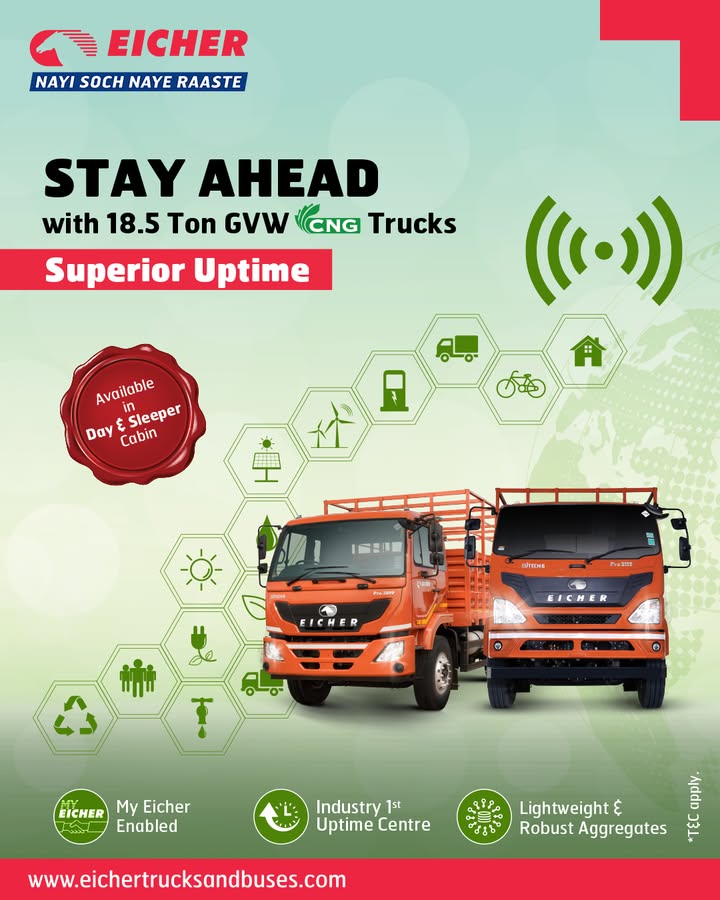 Stay Ahead with Eichers 18.5 Ton GVW CNG trucks, designed for an enduring presence and superior uptime. Know more https shorturl.at MJN5S EicherHDTrucks StayAhead HighClassPower BuiltForToughness EicherTrucks CNG HeavyDutyTrucks Stay Ahead with Eichers 18.5 Ton GVW CNG trucks, designed for an enduring presence and superior uptime