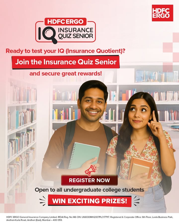 Group studies Done. Surprise vivas Crushed. Now its time to level up How strong is your Insurance Quotient Take on the HDFC ERGO Insurance Quiz Senior, where real world thinking meets real rewards Group studies Done. Surprise vivas Crushed
