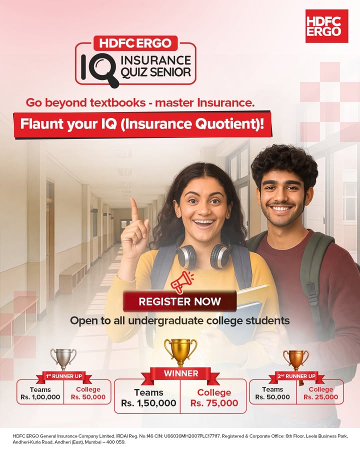 Ready to ace more than just your exams Its time to test your Insurance Quotient with the HDFC ERGO Insurance Quiz Senior Why settle for ordinary when you could WIN big The top teams and colleges could walk away with up to 1 Ready to ace more than just your exams Its time to test your Insurance Quotient with the HDFC ERGO Insurance Quiz...