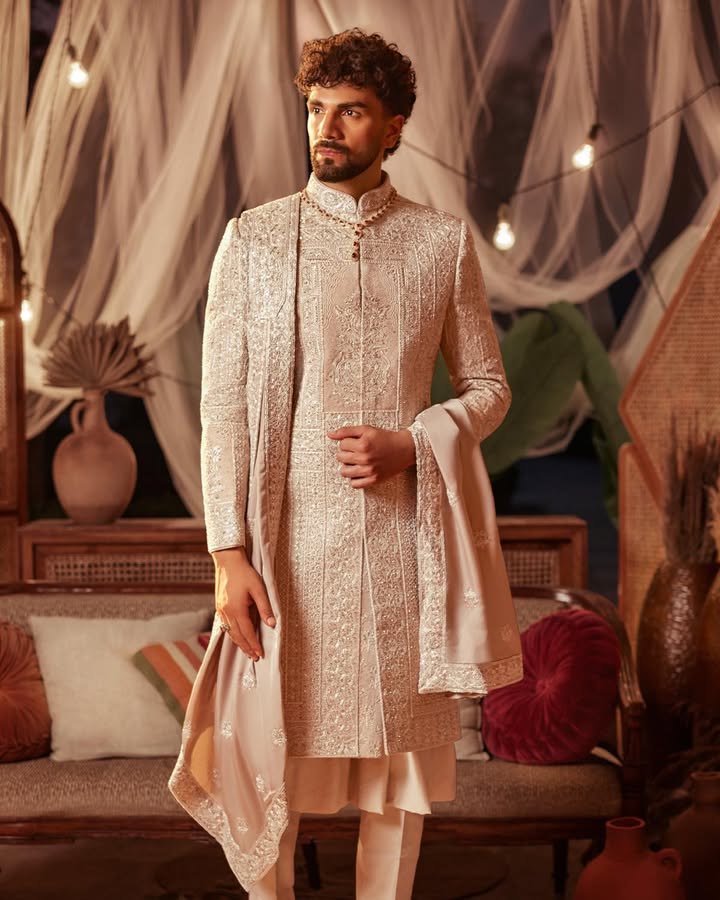 When the boho soul of earthy tones, easy textures, and effortless free spirited charm are woven into Sherwani, the wedding l...